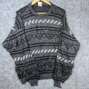 Vintage C&A Sweater Mens L Charcoal‎ Gray Wool Aztec Cozy Cosby Dad Grandpa